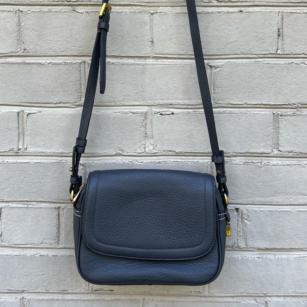 EUC JCrew Italian Leather Signet Grey Crossbody Purse w/Pink Accent
